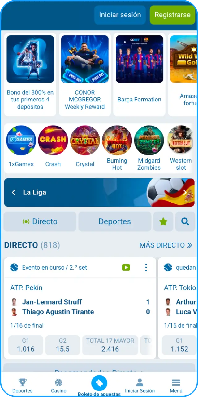 Explora la pantalla de inicio en la App de 1xbet y navega fácilmente.