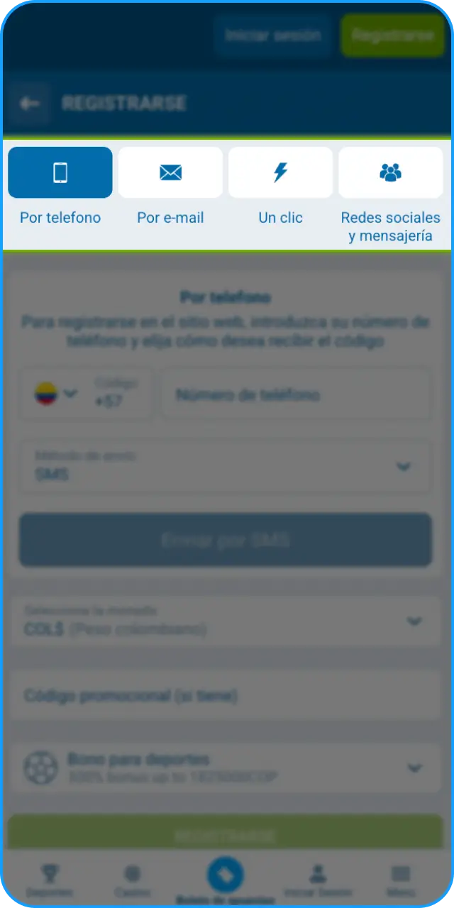Elige tu método preferido de registro en la App de 1xbet.