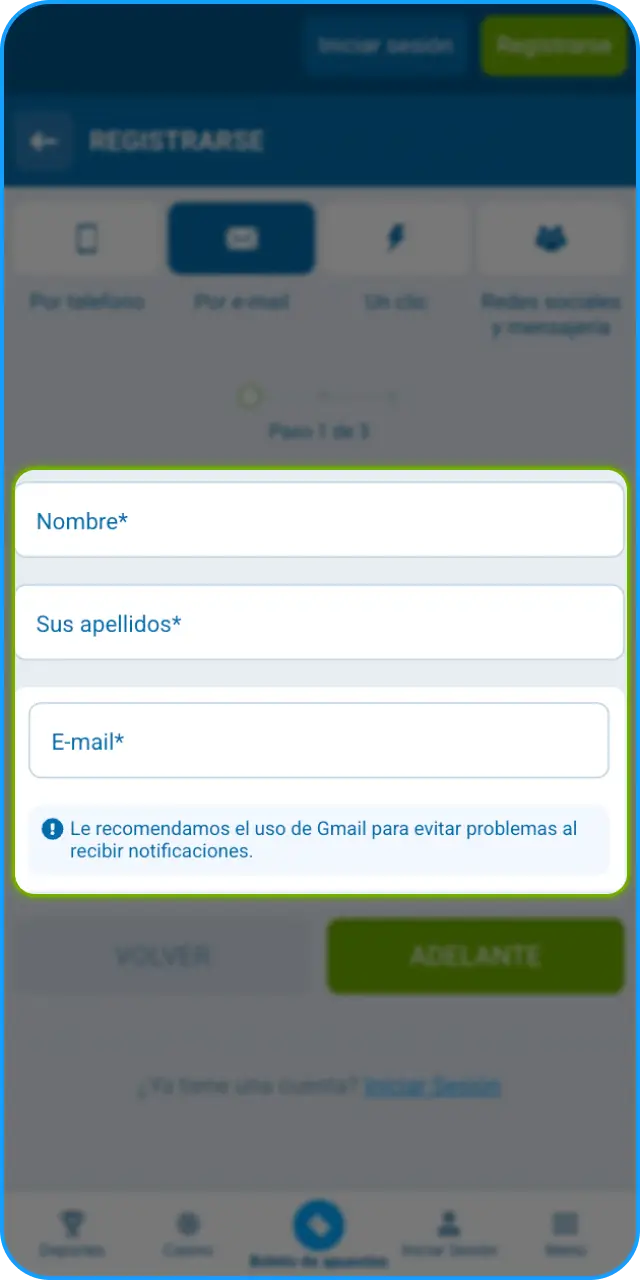 Completa el registro en 1xbet ingresando tus datos personales.
