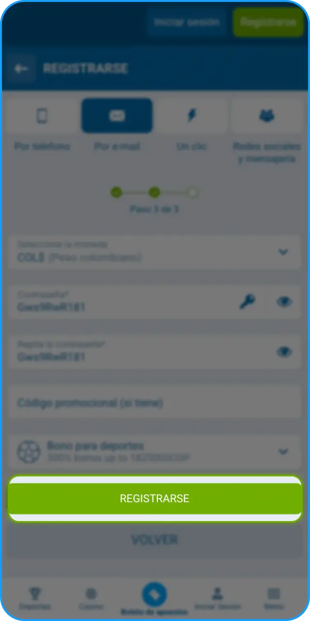 Confirma tu cuenta para finalizar el registro en la App de 1xbet.