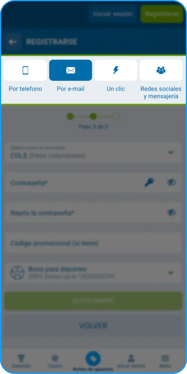 Elige el método de registro en la App de 1xbet y pon tus datos.