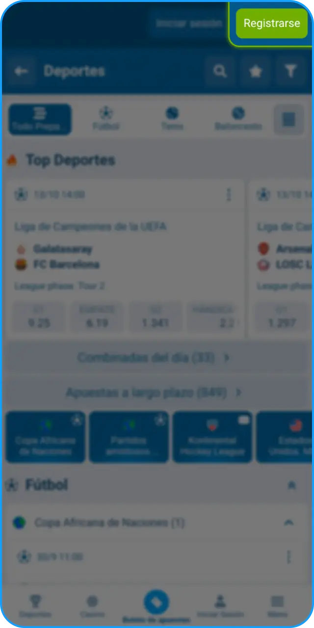 Abre la App de 1xbet y selecciona el botón de registro rápidamente.