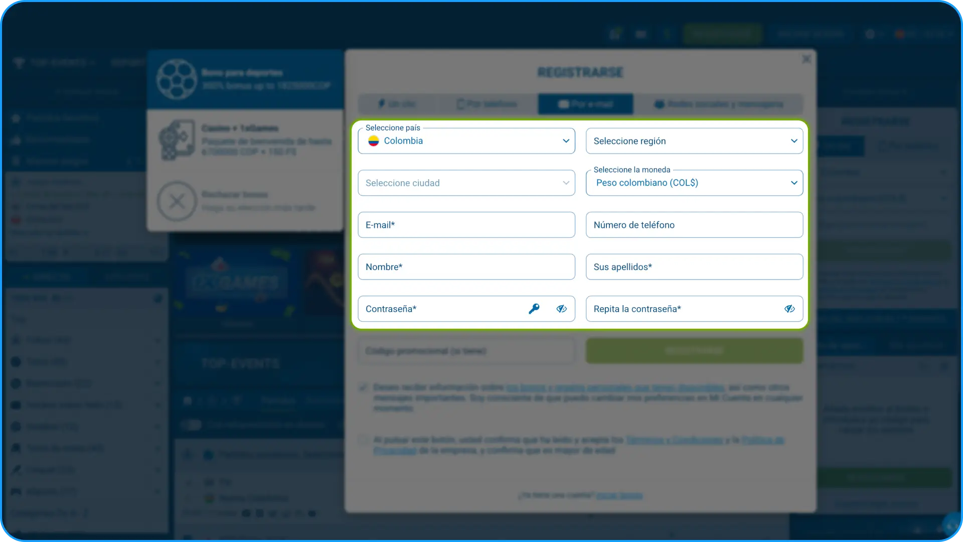 Completa tus datos personales durante el registro en 1xbet sin fallos.