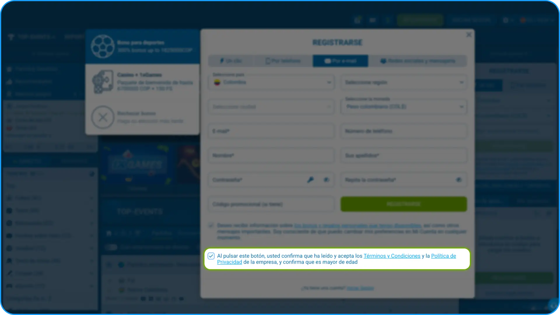 Acepta los términos del registro en 1xbet para activar tu cuenta.