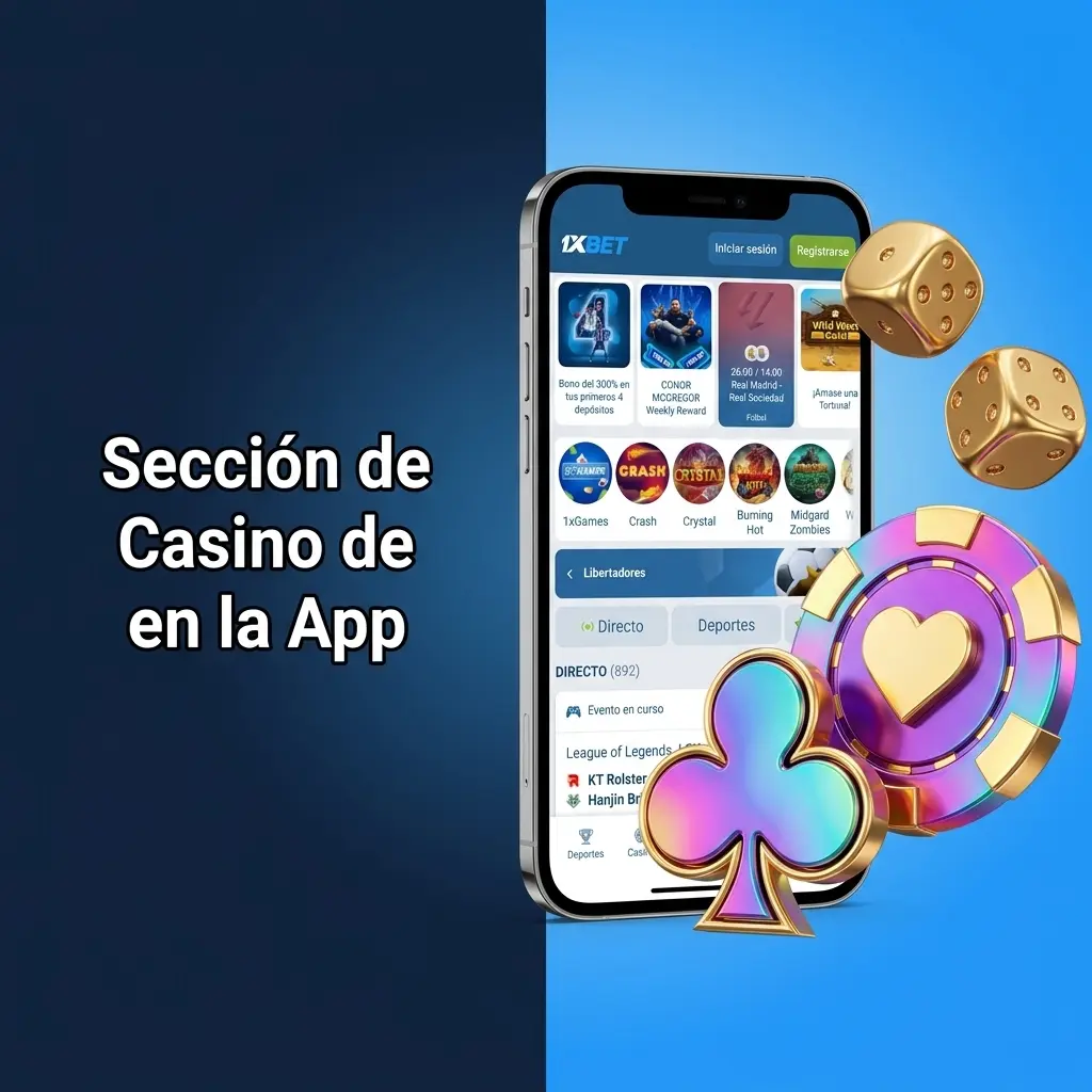 Sección de casino en la app 1xbet con tragamonedas, juegos en vivo, crash, jackpots y filtros por proveedor y volatilidad.